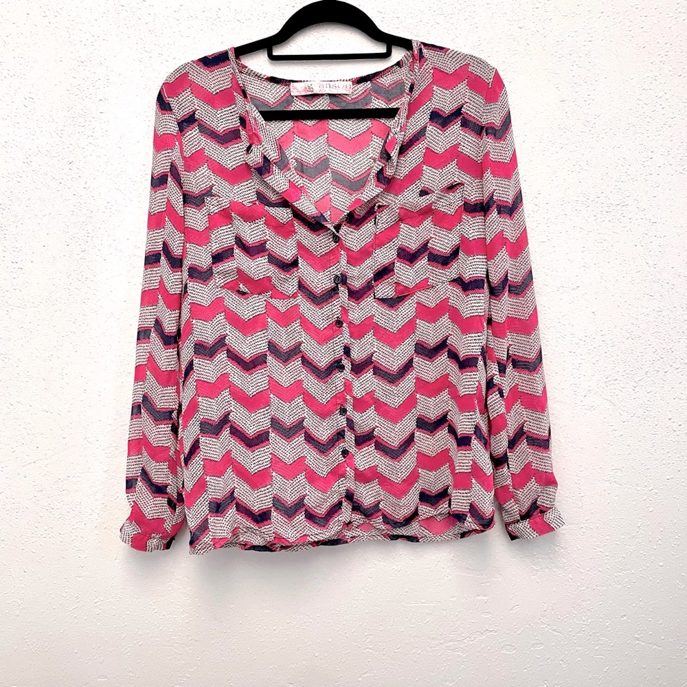 Pink Navy and white Chiffon long sleeves Button down blouse